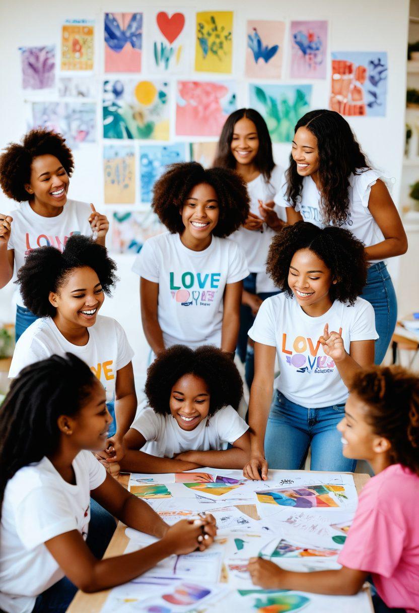 A group of diverse young girls joyfully participating in a self-love workshop, surrounded by colorful posters with positive affirmations. They are engaged in creative activities such as painting and writing, showcasing their unique talents and dreams. The room is bright and airy, filled with plants and natural light, symbolizing growth and empowerment. Include elements representing community, friendship, and inspiration. vibrant colors. bright and cheerful atmosphere.