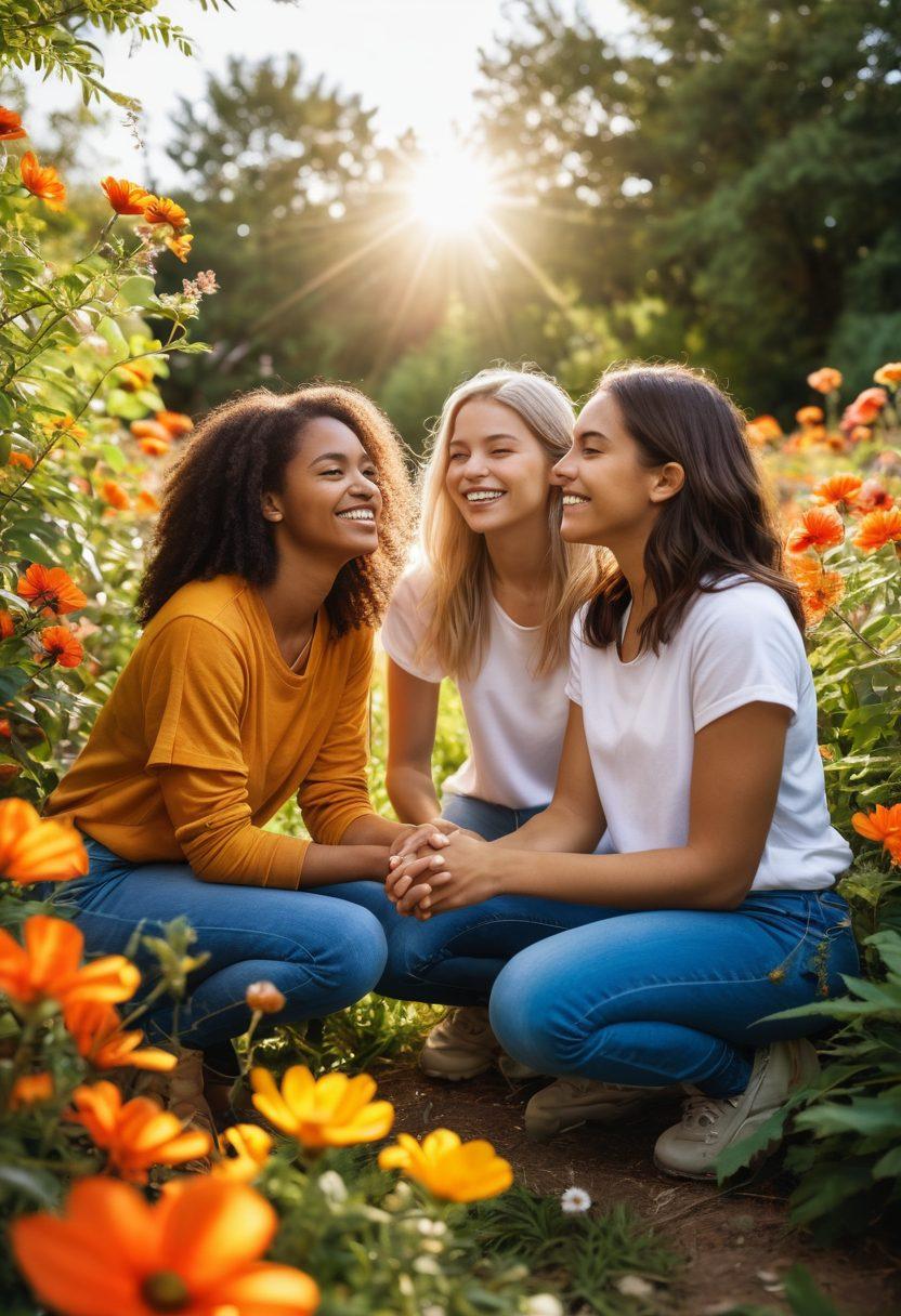 A diverse group of young women, confidently supporting each other in a vibrant outdoor setting, surrounded by blooming flowers symbolizing growth and empowerment. They are engaged in various activities like mentoring, sports, and creative arts, radiating joy and unity. Soft sunlight creates a warm, uplifting atmosphere, highlighting their strength and resilience. The overall vibe exudes inspiration and positivity. super-realistic. vibrant colors. outdoor scene.