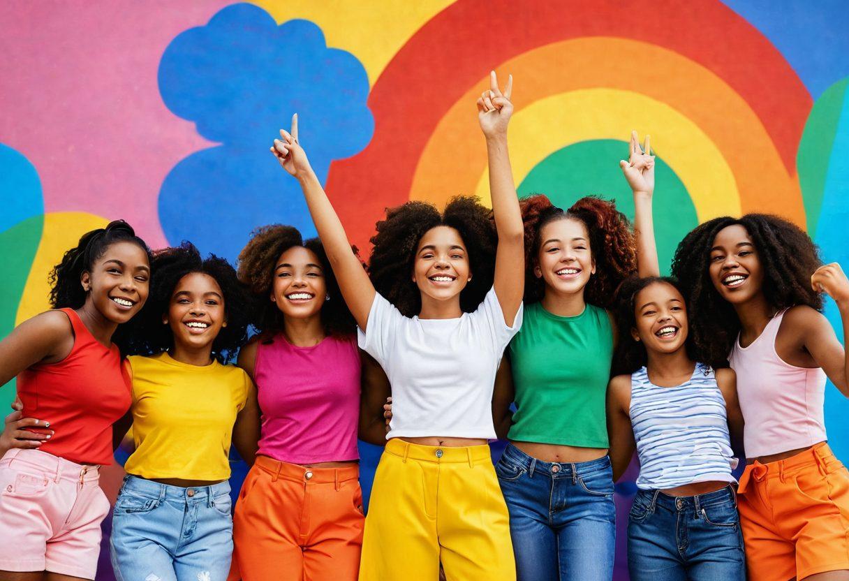 A vibrant scene showcasing a diverse group of joyful young girls engaged in various activities that promote confidence, such as public speaking, group discussions, and creative art. Each girl radiates positivity and empowerment, dressed in bright, colorful outfits that symbolize their unique personalities. In the background, uplifting quotes are artistically integrated into the design, creating a supportive environment. The sky is sunny, representing hope and joy. vibrant colors. 3D.